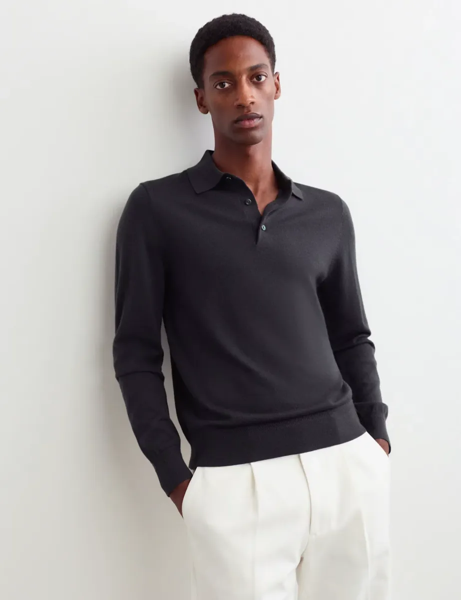 Merino Wool Rich with Silk Polo Shirt Dark Navy