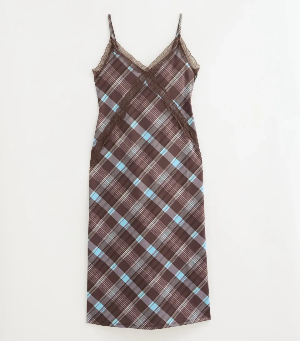 Women's Blue Checked Lace Trim Strappy Midi Slip Dress
