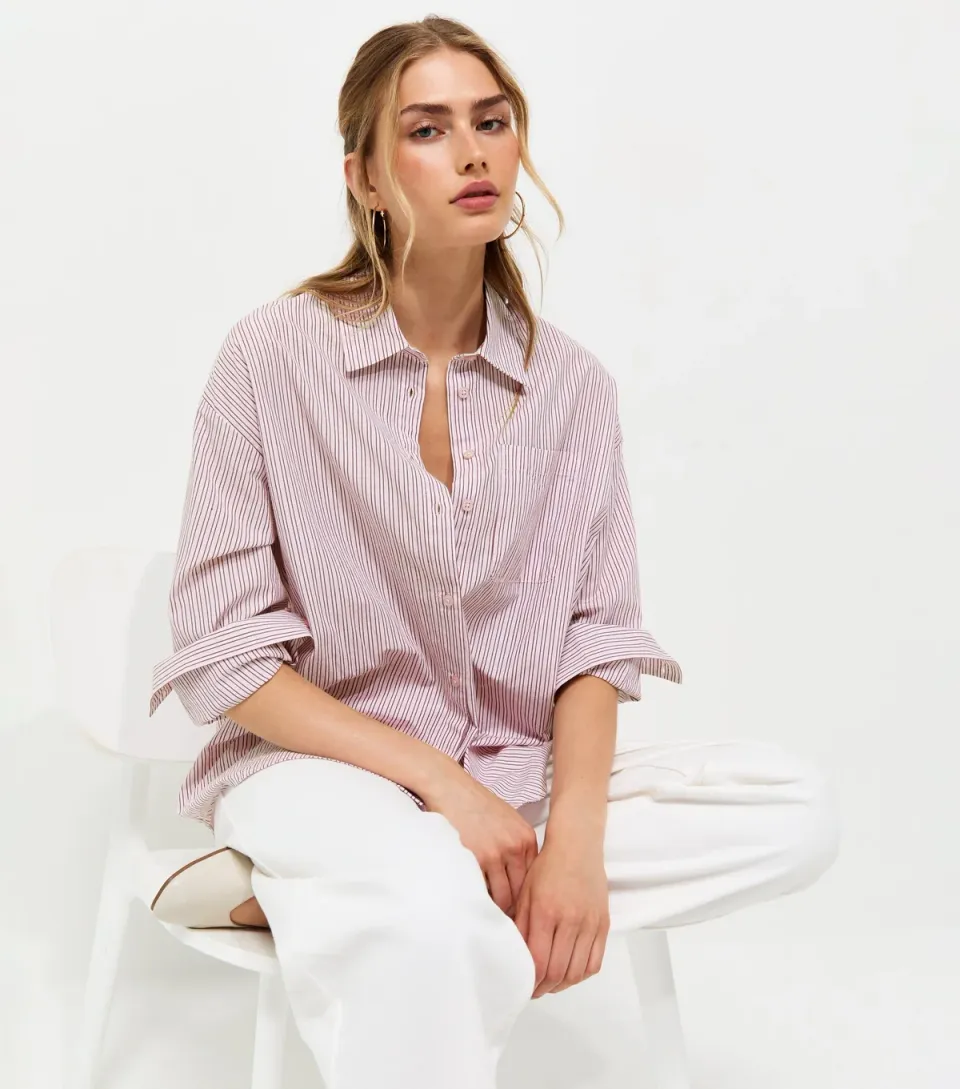 Women's Pink Cotton Striped Oversize Shirt