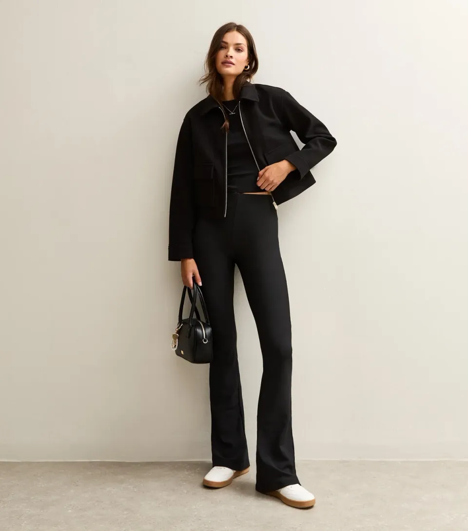 Women's Tall Black Ribbed Flared Trousers