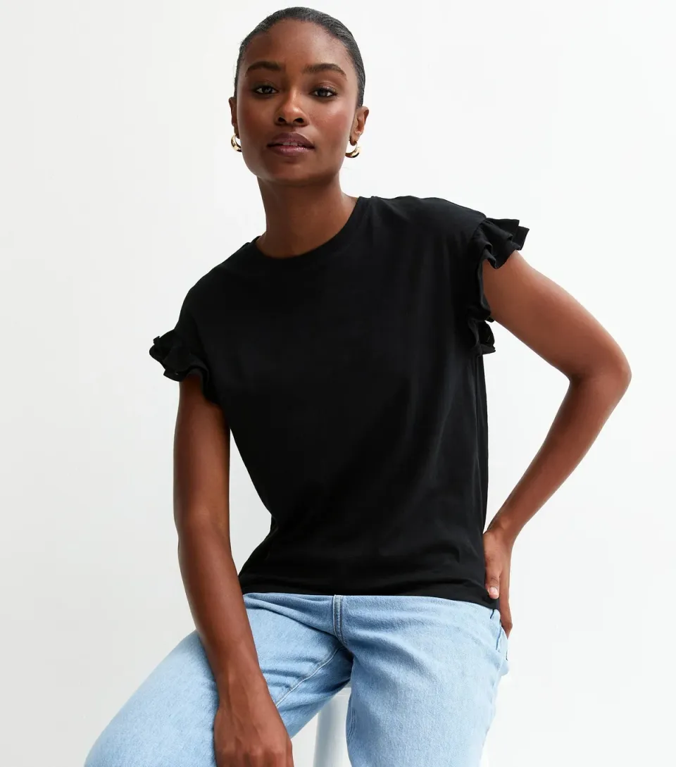 Women's Black Cotton Slub Frill Sleeve T-Shirt