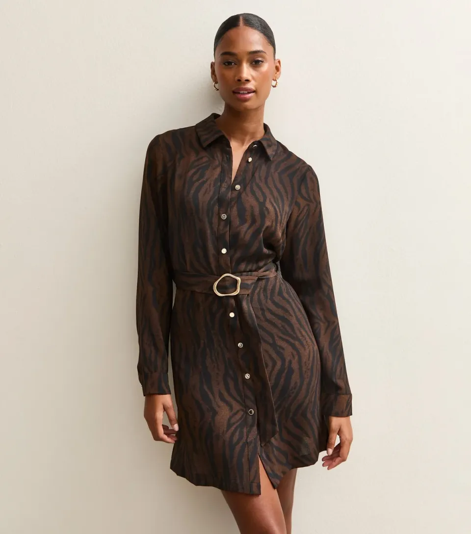 Women's Brown Tiger Print Buckle Detail Mini Shirt Dress