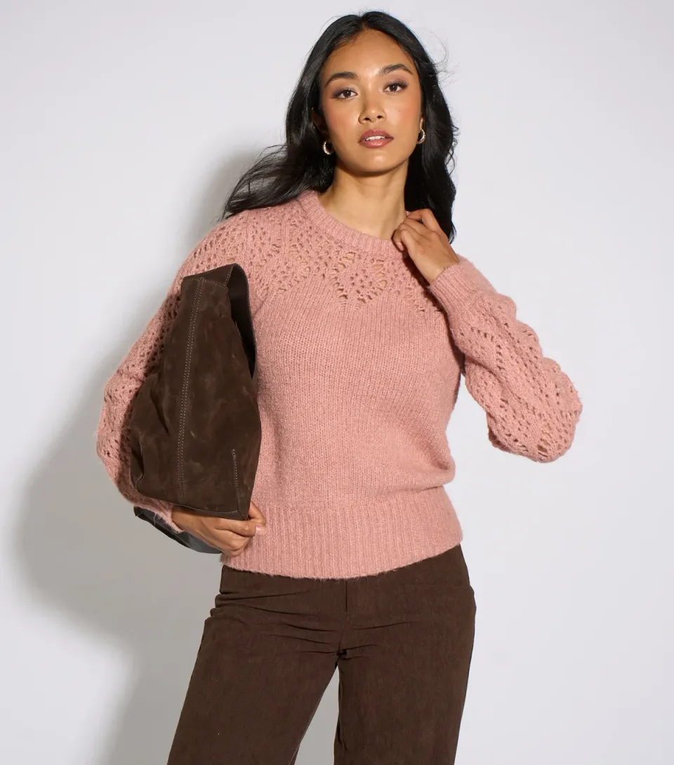 Women's Light Pink Crochet Yoke Knitted Jumper