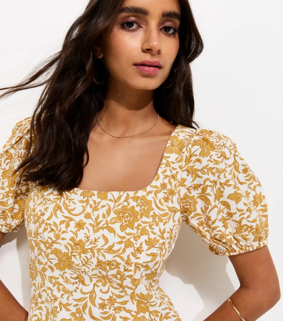 Women's Dark Yellow Linen Rich Ditsy Waisted Top