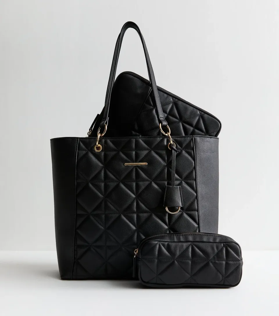 Black Faux Leather Diamond Quilted Tote Bag and Accessories Trio Vegan