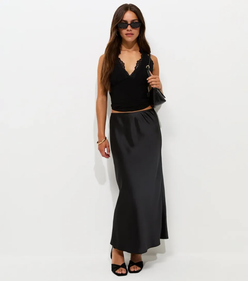 Women's Petite Black Satin Bias Cut Midi Skirt