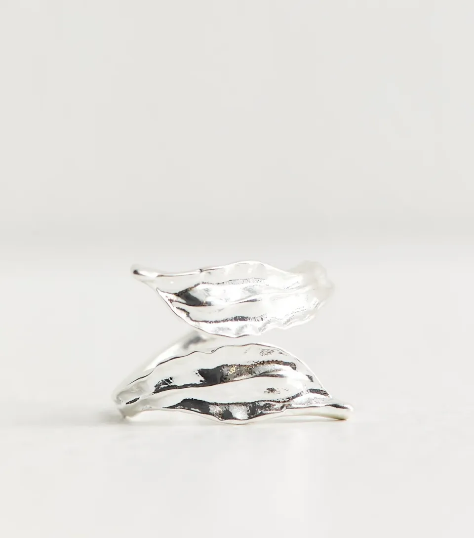 Silver Tone Beaten Sleek Petal Wrap Ring