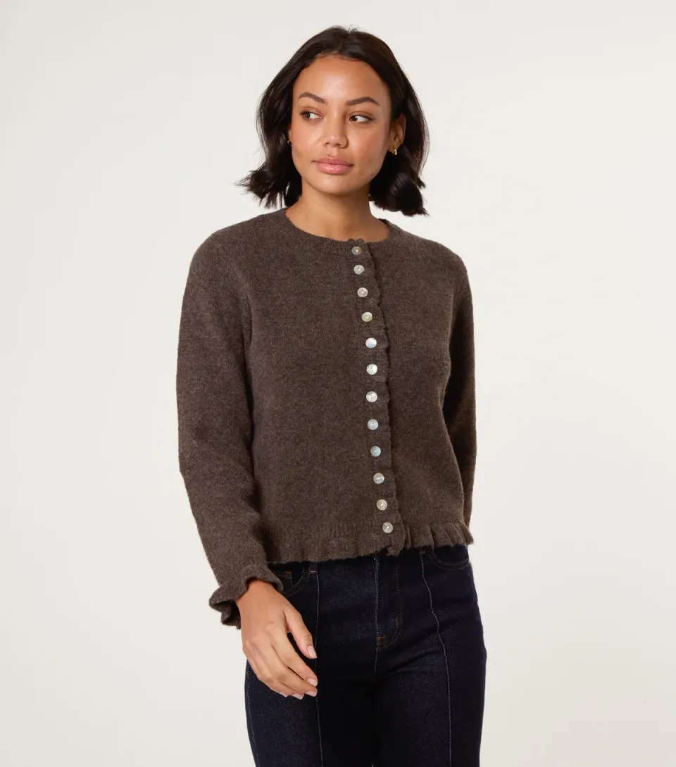 Women's Brown Ruffle Trim Cardigan