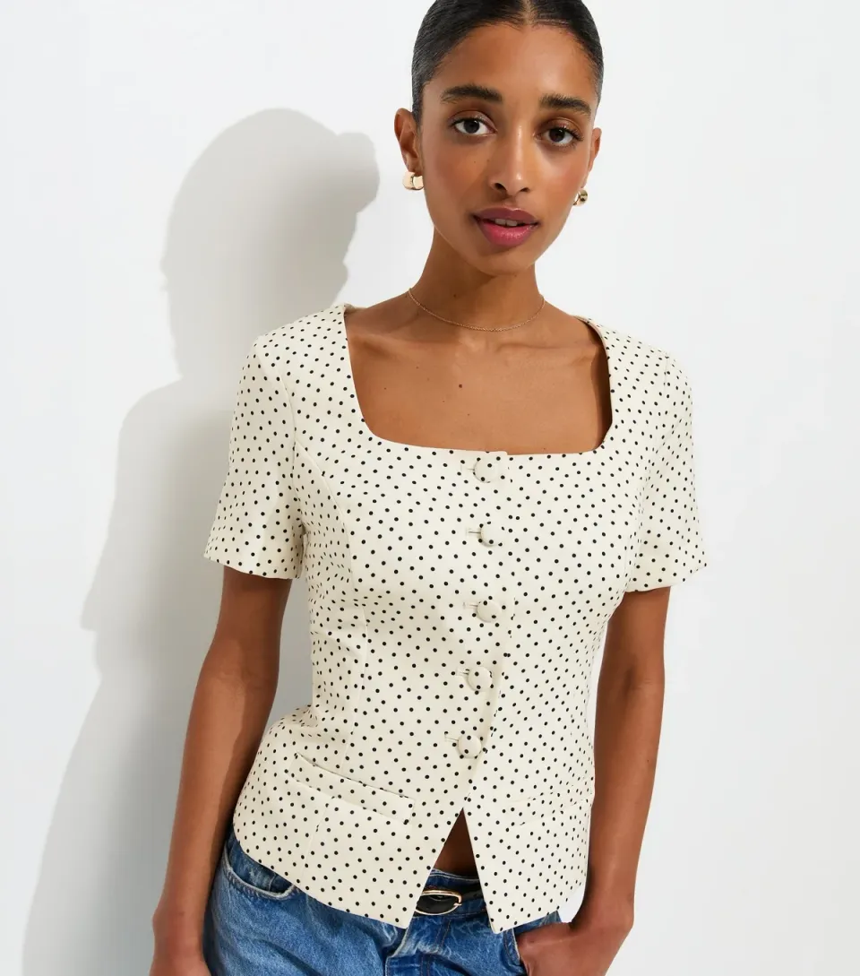 Women's White Spot Print Square Neck Short Sleeve Blazer
