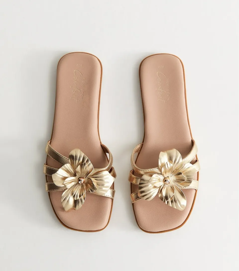 Women's Light Yellow Flower Detail Flat Mules Vegan