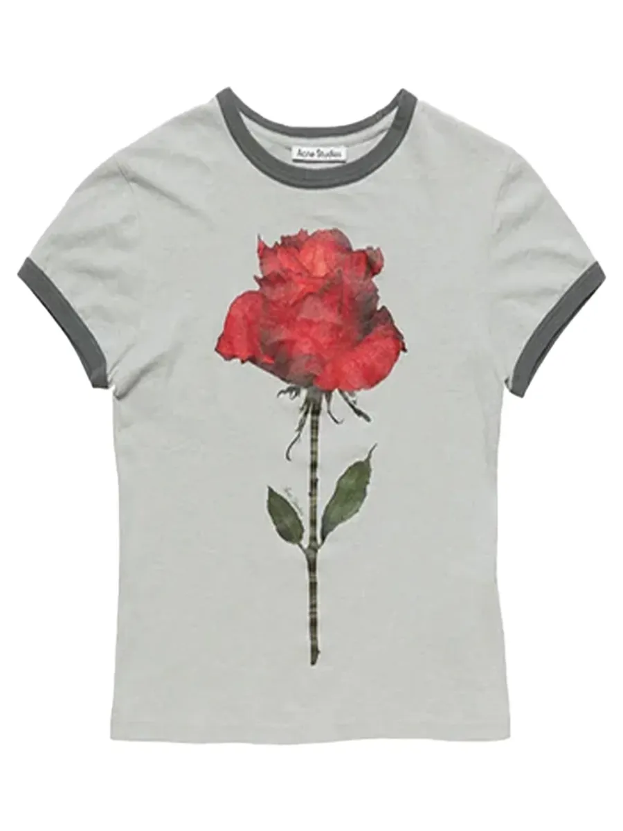 Women Graphic Rose T-Shirt Grey Red