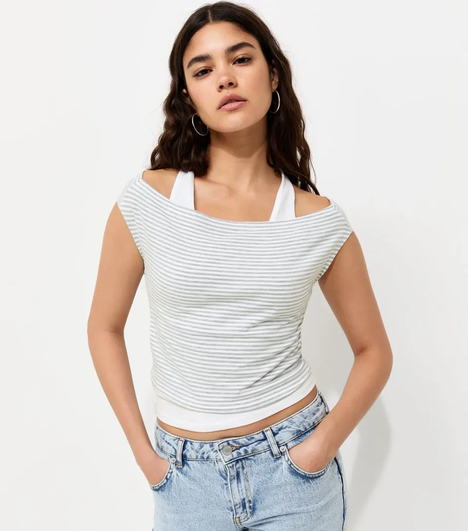 Women's Grey Striped 2-in-1 Bardot Halter Top