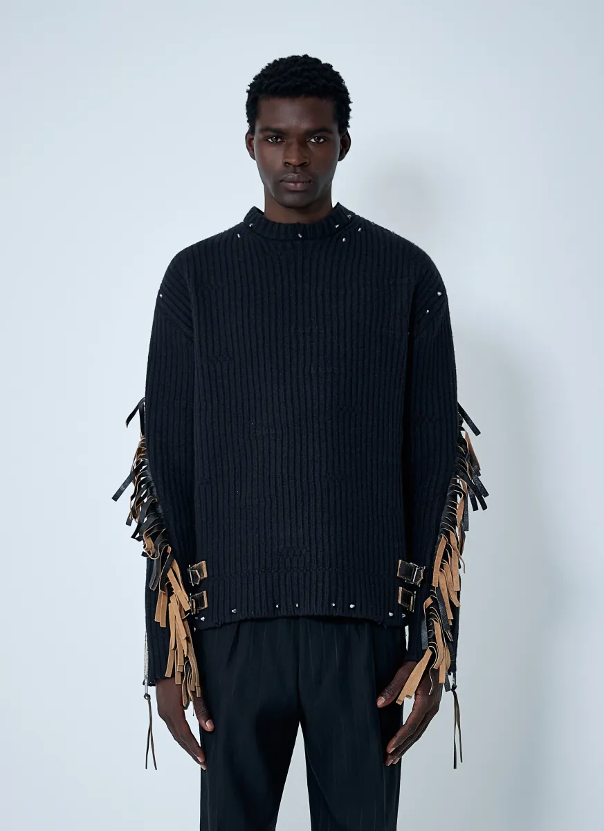 Leather Embellished Wool Sweater