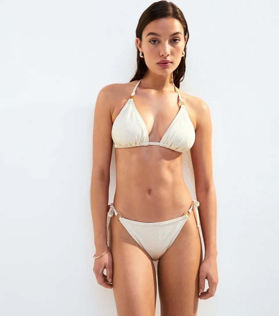 Women's Cream Metallic Textured Ring Detail Bikini Bottoms