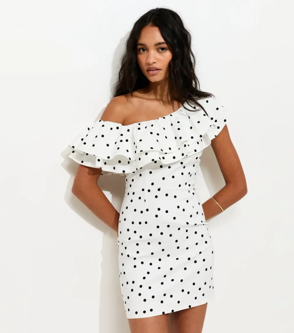 Women's White Polka Dot Ruffle Trim Off The Shoulder Mini Dress