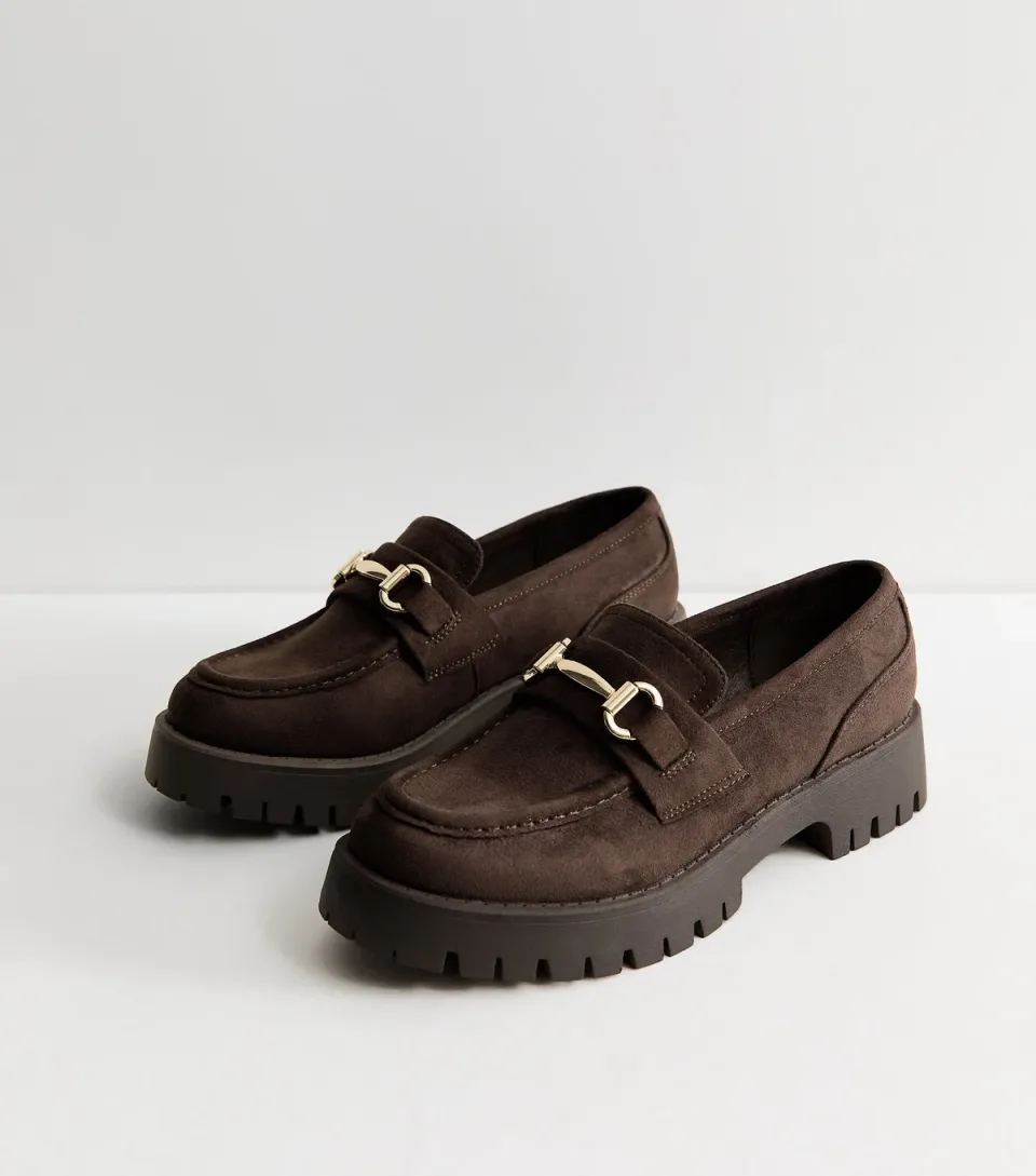 Women's Dark Brown Faux Suede Metal Bar Chunky Loafers Vegan