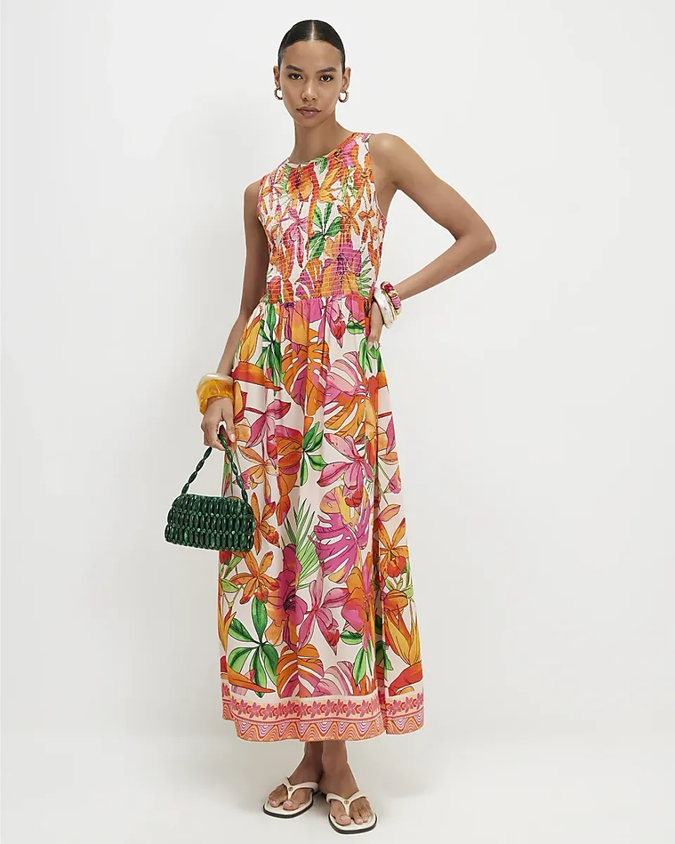 Tropical Print Shirred Midi Dress