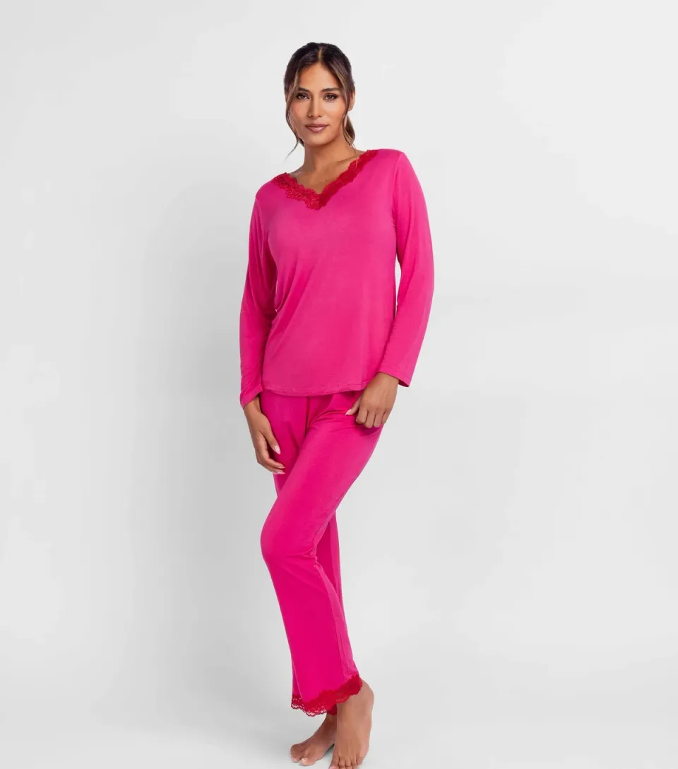 Women's Bright Pink Lace Trimmed V-Neck Top