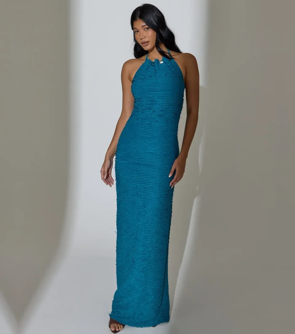 Women's Teal Halter Neck Maxi Dress