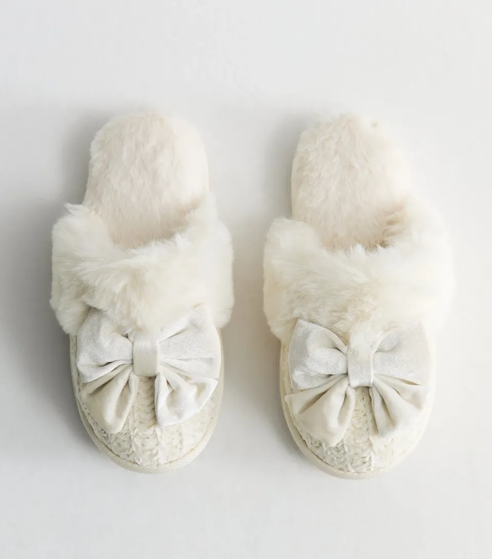 Women's Off White Chunky Knit Velvet Bow Mule Slippers Vegan