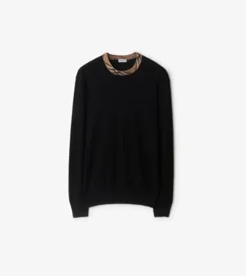Check Trim Wool Sweater in Black