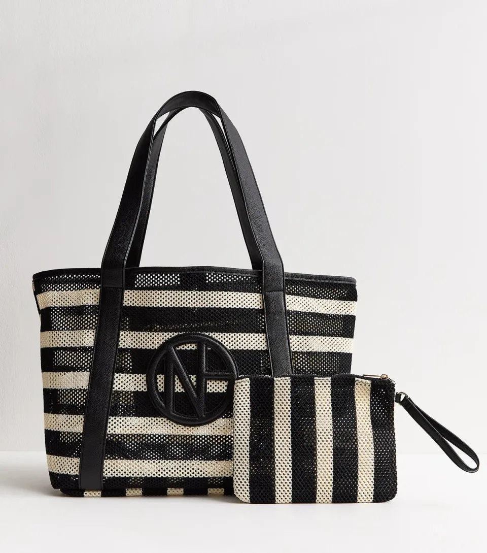 Black Striped Mesh Tote Bag with Pouch