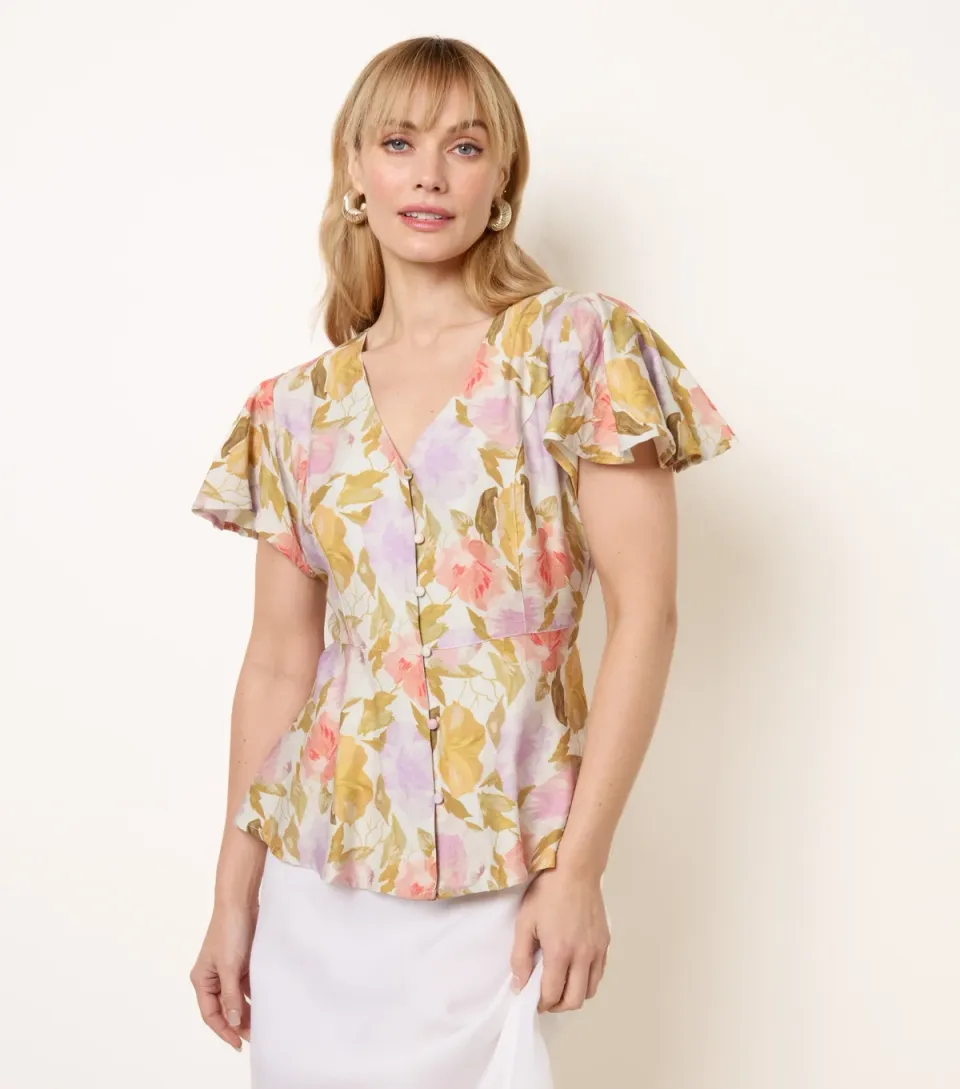 Women's Multicoloured Floral Flutter Sleeve Blouse