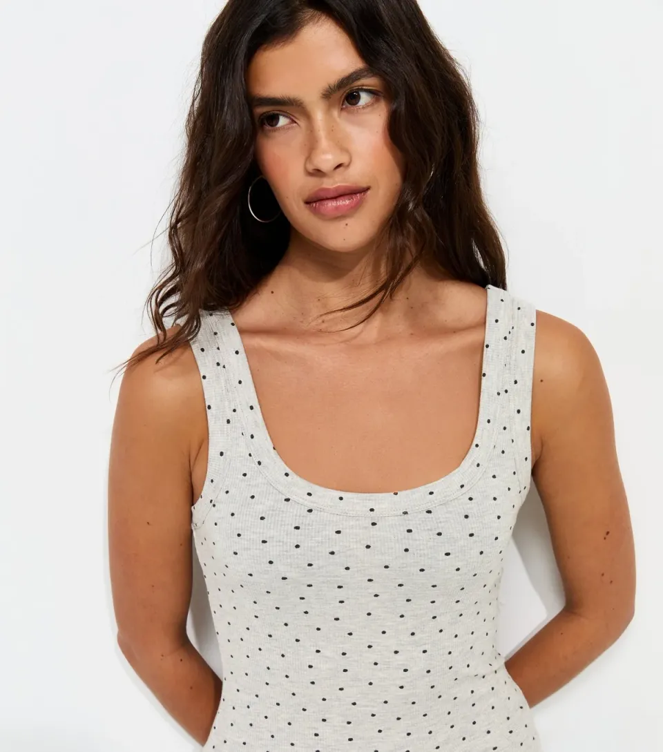 Women's Grey With Cotton Spot Print Wide Strap Scoop Neck Vest Top