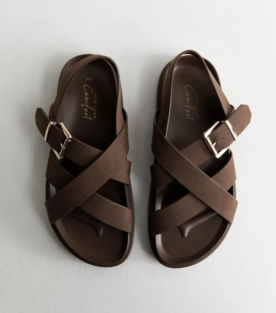 Women's Brown Faux Brushed Leather Multi Strap Chunky Flat Sandals Vegan