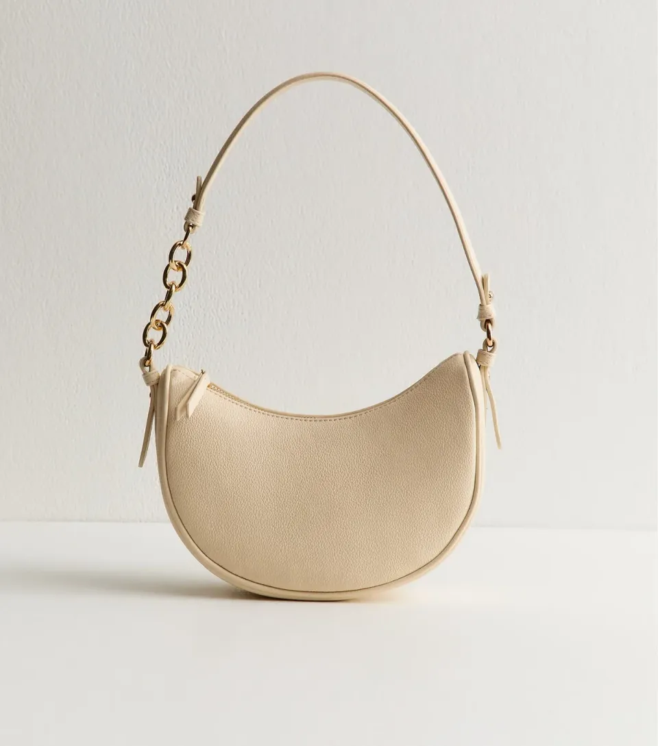 Cream Faux Leather Scooped Chain Shoulder Bag