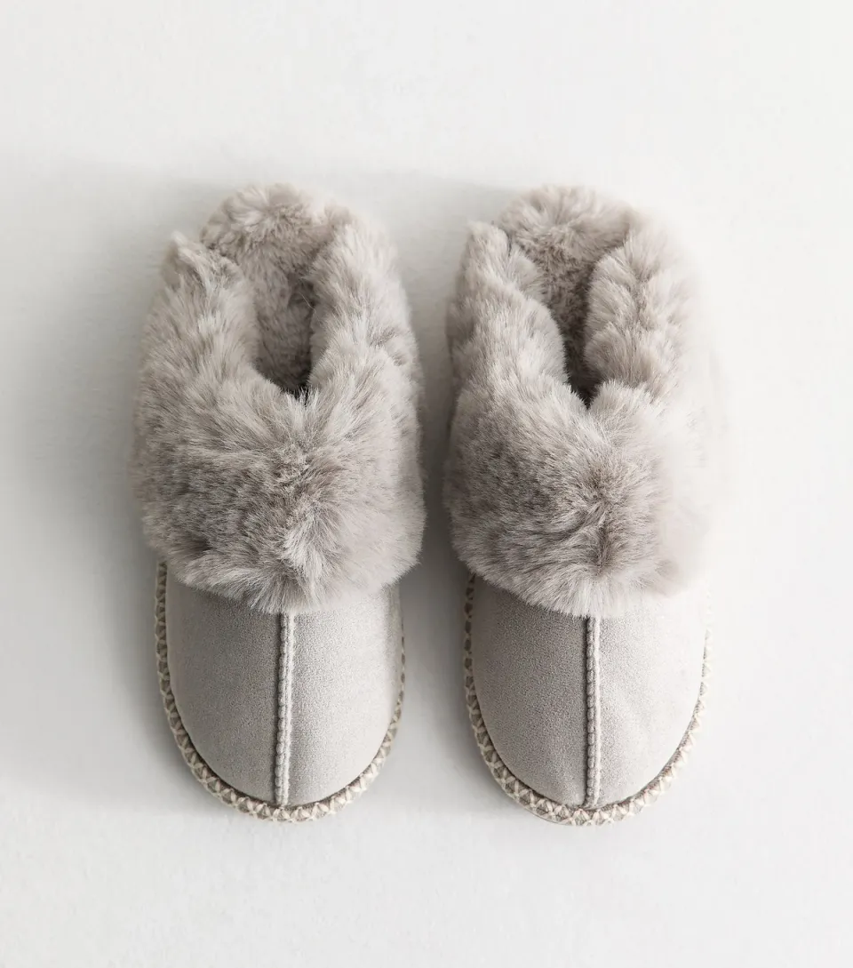 Women's Grey Faux Suede Stitch Trim Mule Slippers Vegan