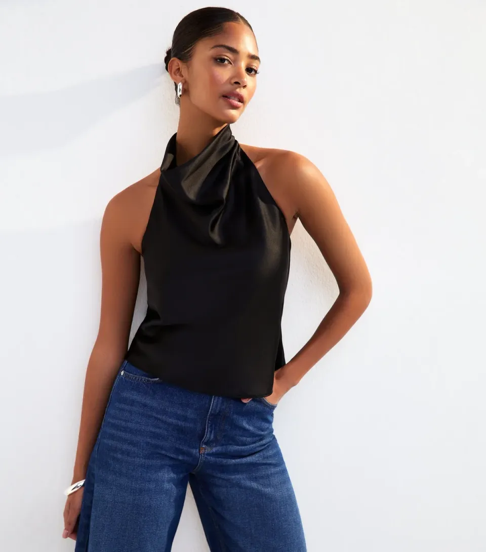 Women's Black Satin Halterneck Top
