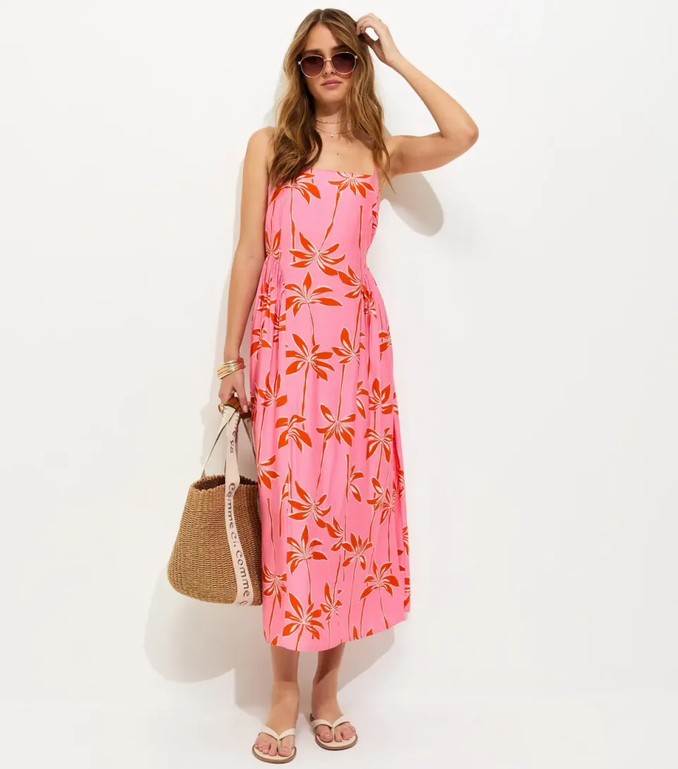Women's Pink Tropical Print Godet Panel Strappy Midi Dress
