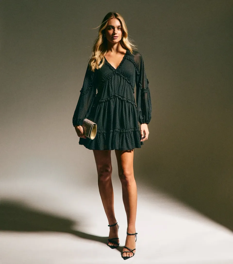 Women's Black Chiffon Gold Fleck Mini Dress