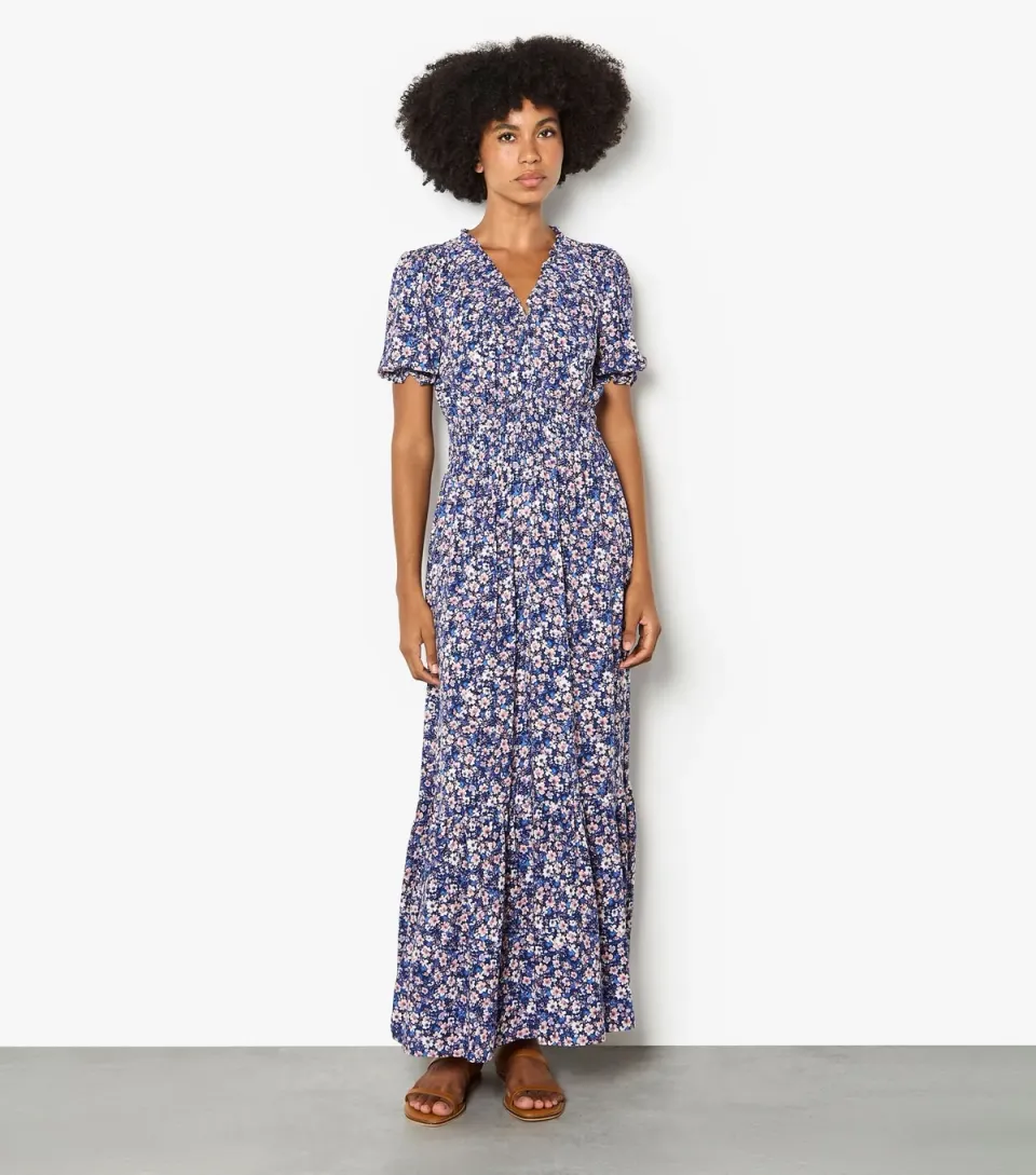 Women's Blue Smock V Neck Floral Maxi Dress