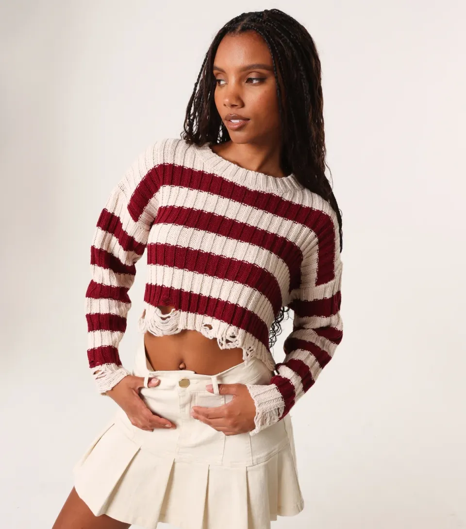Women's Burgundy Striped Distressed Cropped Jumper