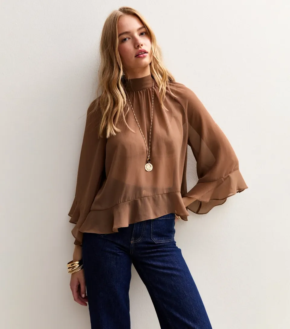 Women's Brown Ruffle Chiffon High Neck Asymmetrical Blouse