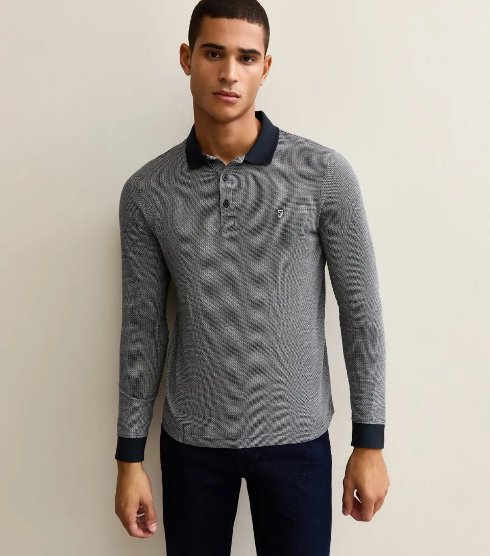 Men's Navy Contrast Trim Long Sleeve Polo Shirt