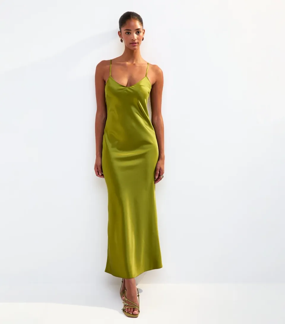 Women's Orange Satin Twist Back Slip Midi Dress