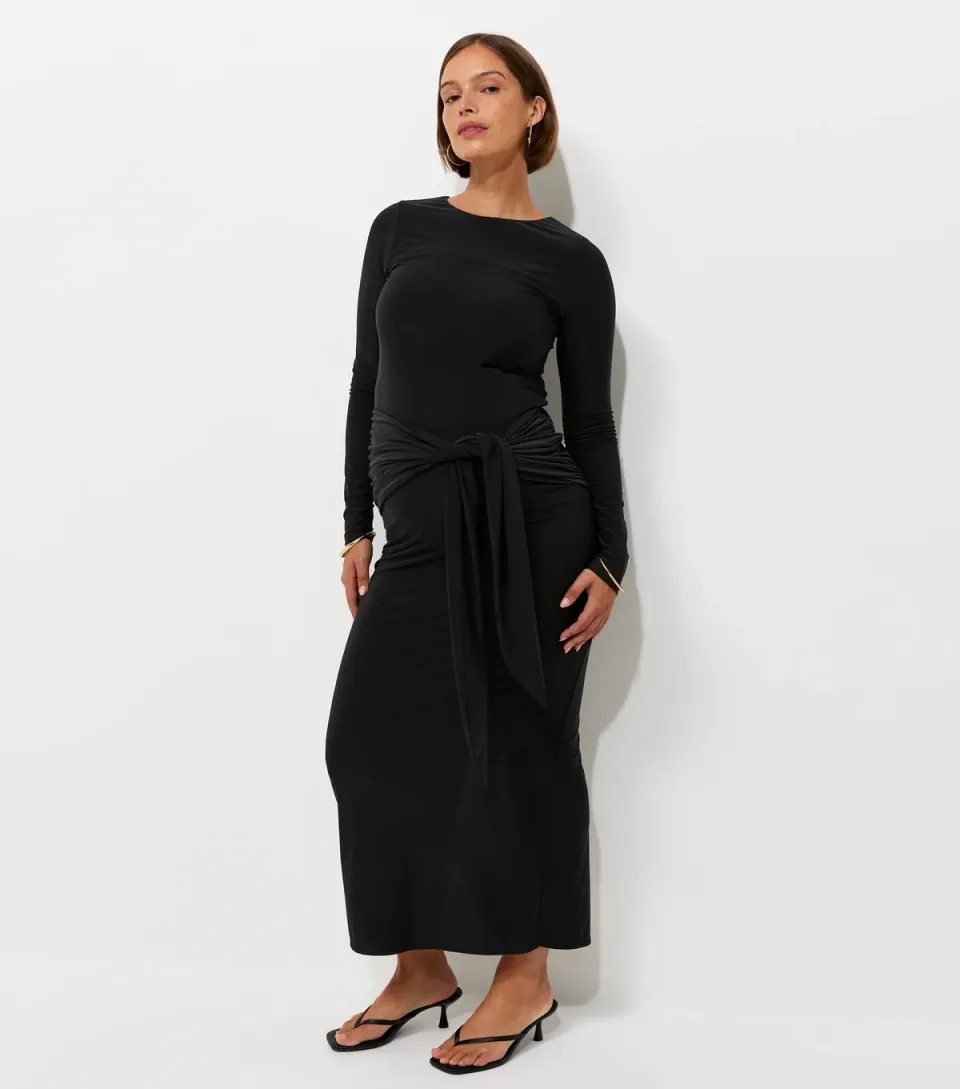 Women's Maternity Black Long Sleeve Bow Under Bump Jersey Dress