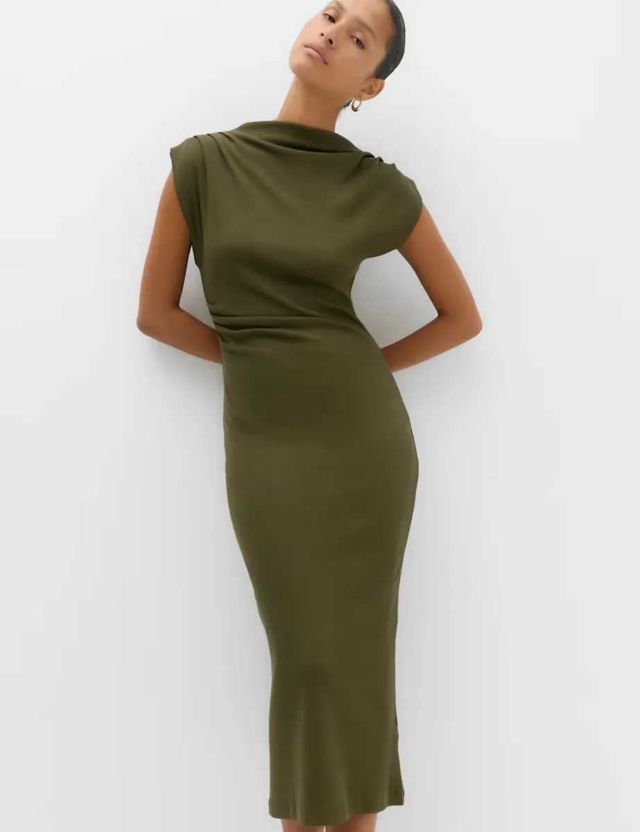 Cotton Rich High Neck Midi Bodycon Dress Moss