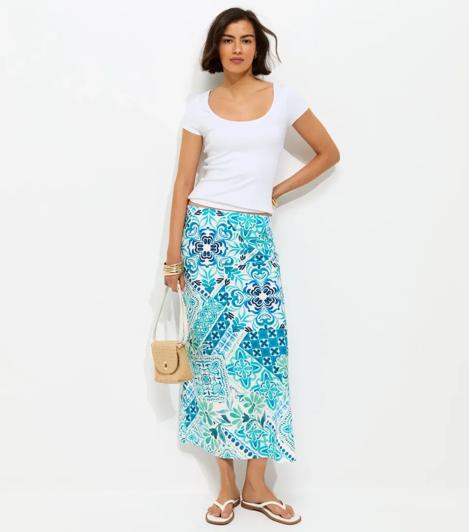 Women's Blue Tile Print Bias Cut Midi Skirt