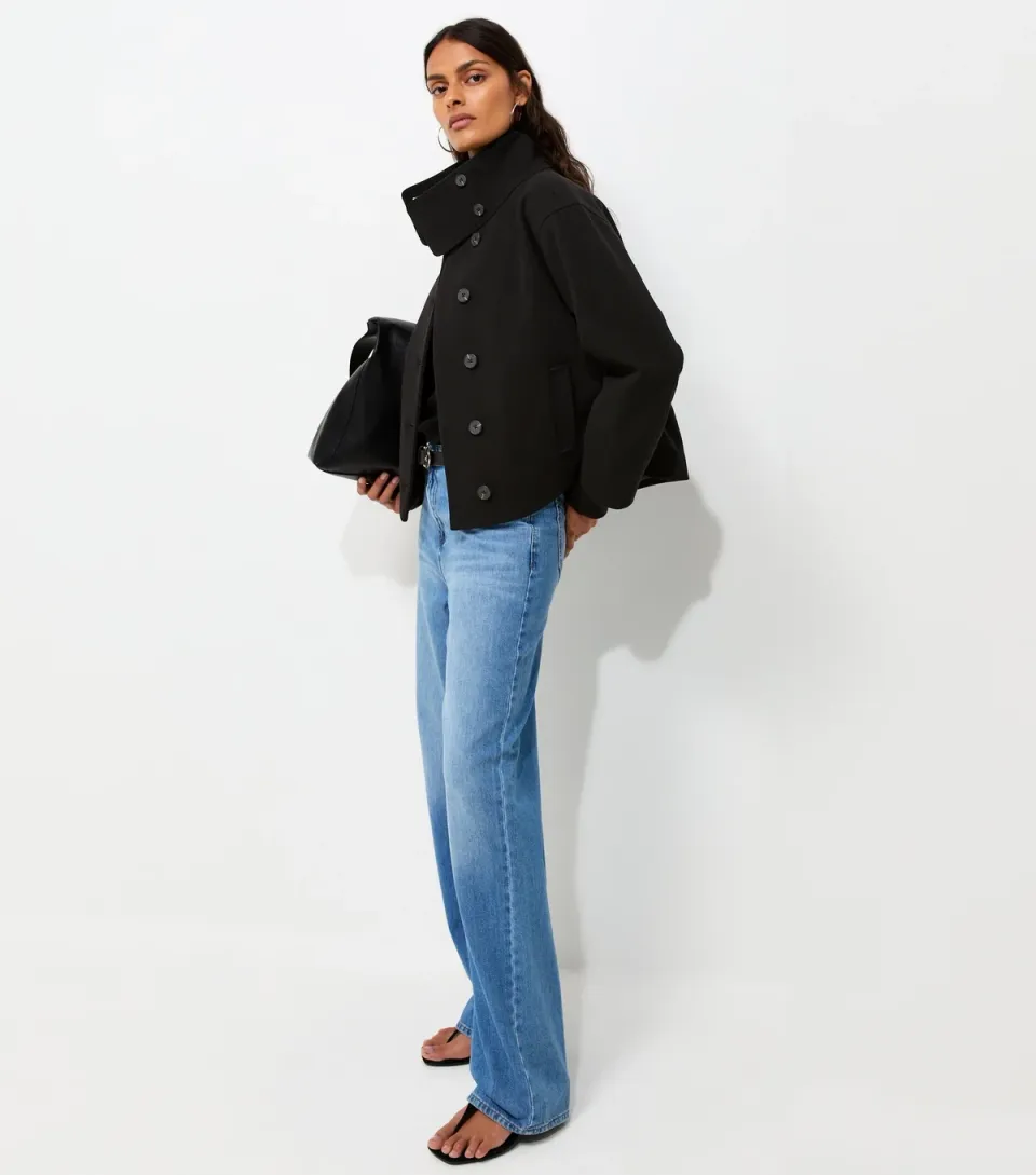 Women's Black Woven Funnel Neck Jacket