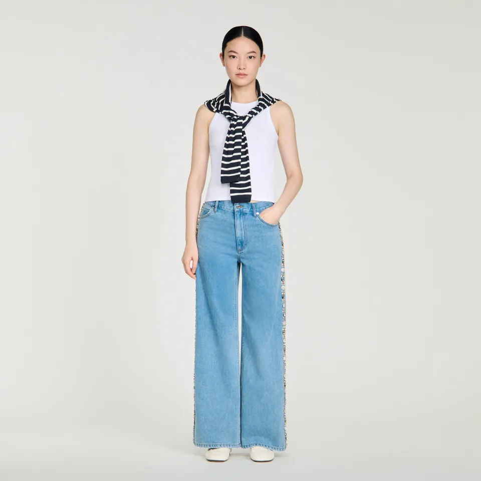 Faded straight-leg rhinestone jeans