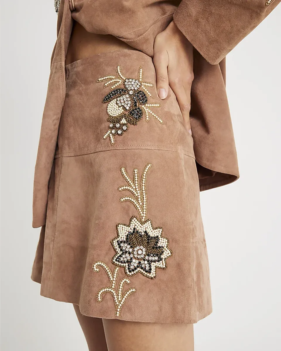 Suede Embellished Mini Skirt