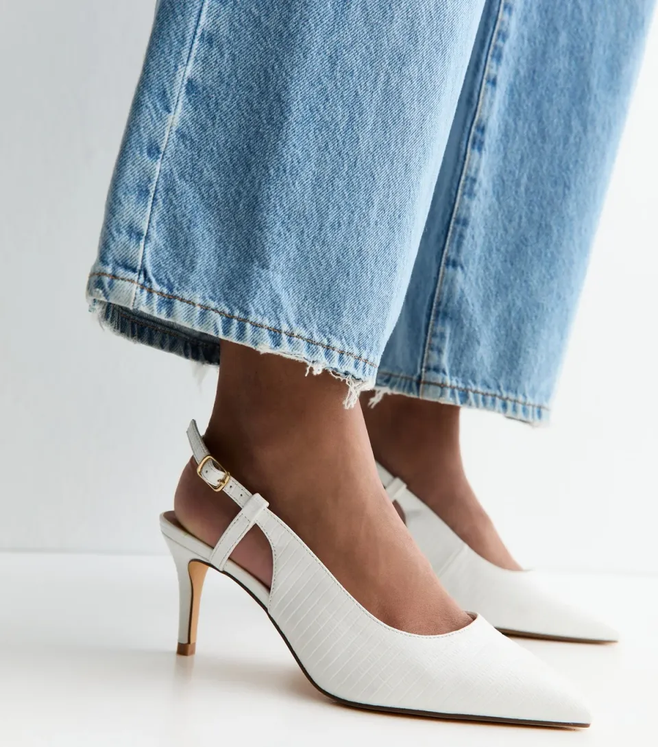 Women's Extra Wide Fit White Faux Leather Lizard Embossed Slingback Court Shoes Vegan