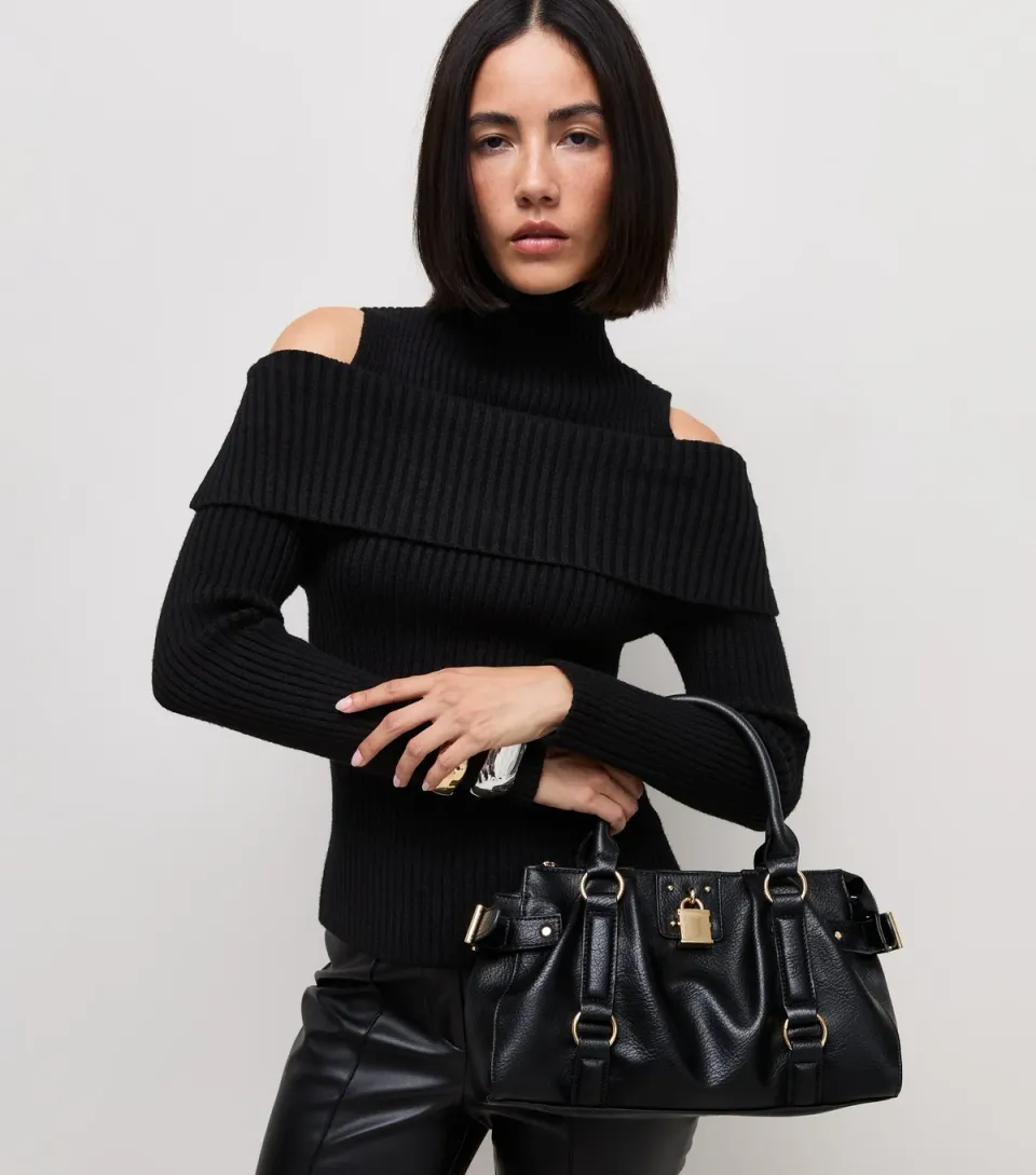 Women's Black Cold Shoulder Bardot Funnel Neck Top