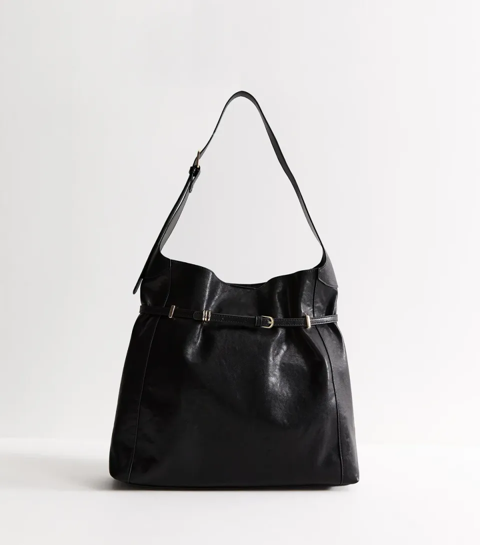 Black Faux Leather Belted Hobo Shoulder Bag