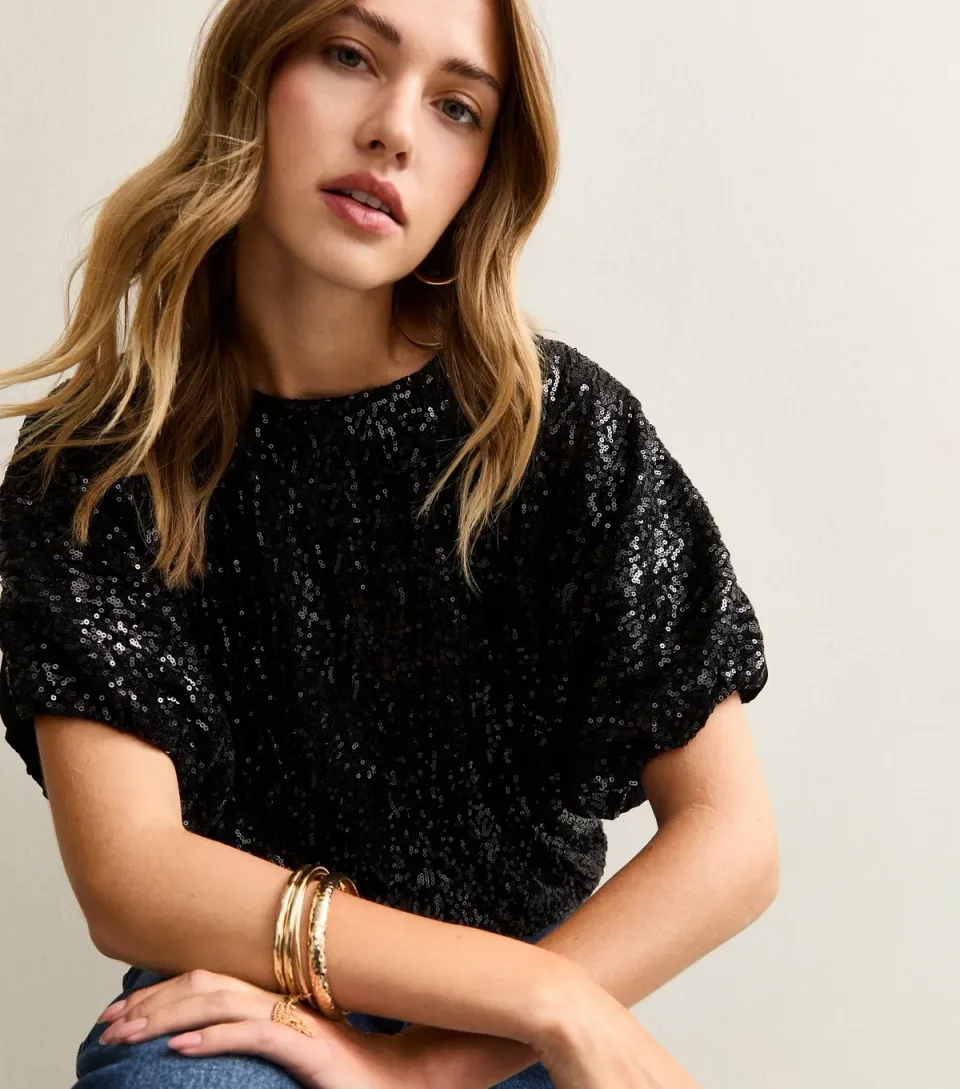 Women's Black Bubble Hem Sequin Top