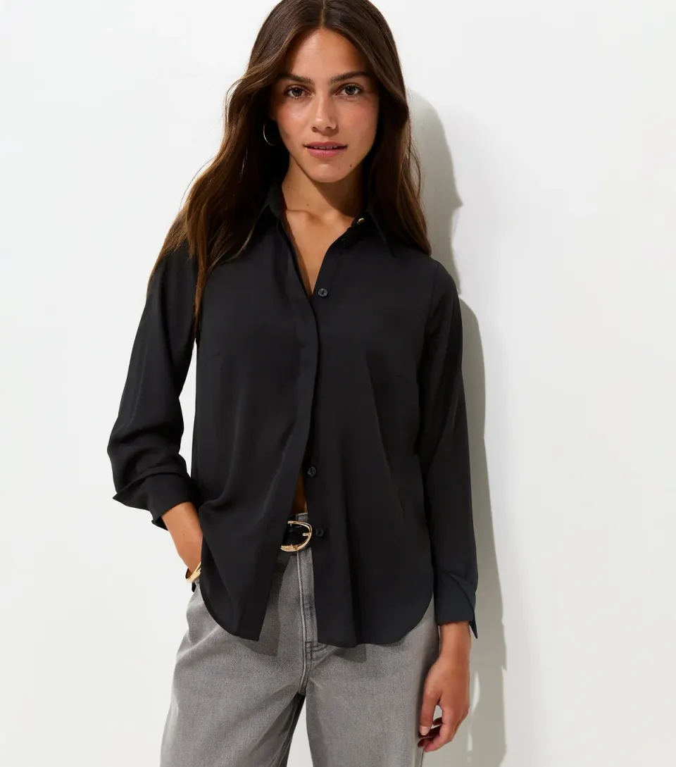 Women's Petite Black Concealed Placket Long Sleeve Shirt